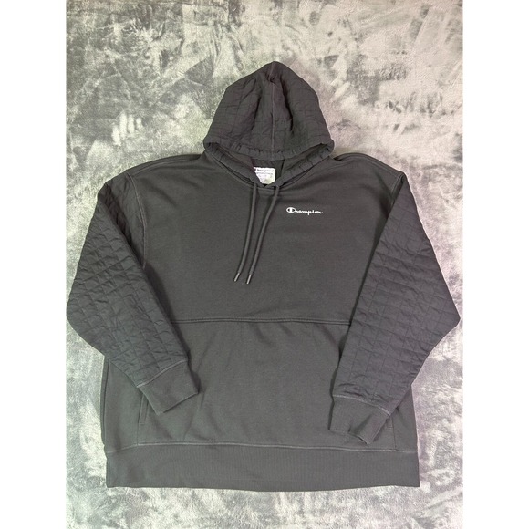 Y2K Champion Waffle Sleeve Hoodie Black 2XL Embroidered Small Spellout Logo - Picture 1 of 8